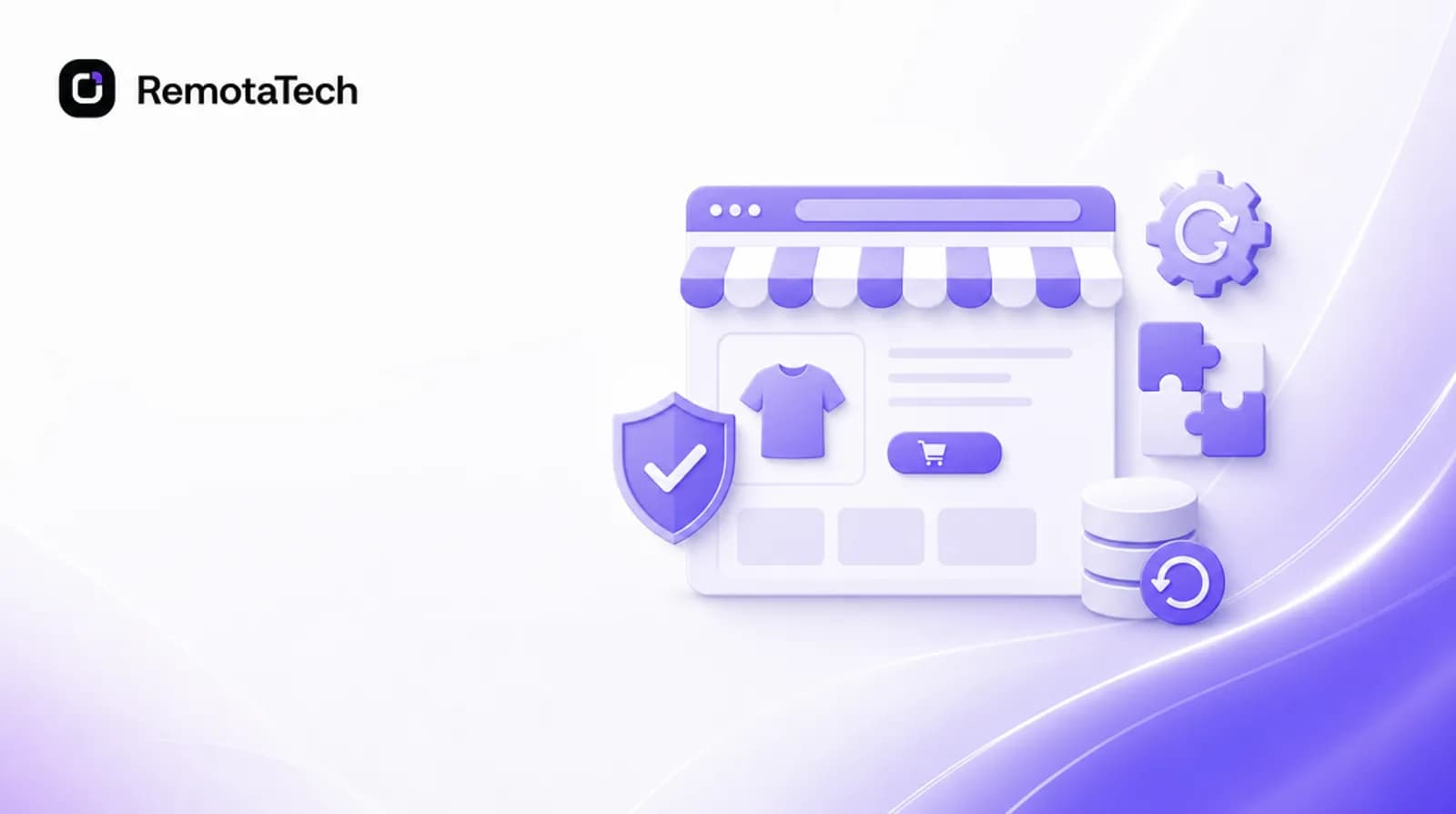 JTL-Shop Wartung: Onlineshop-Fenster mit Schutzschild, Update-Zahnrad, Plugin-Puzzleteilen und Datenbank-Backup