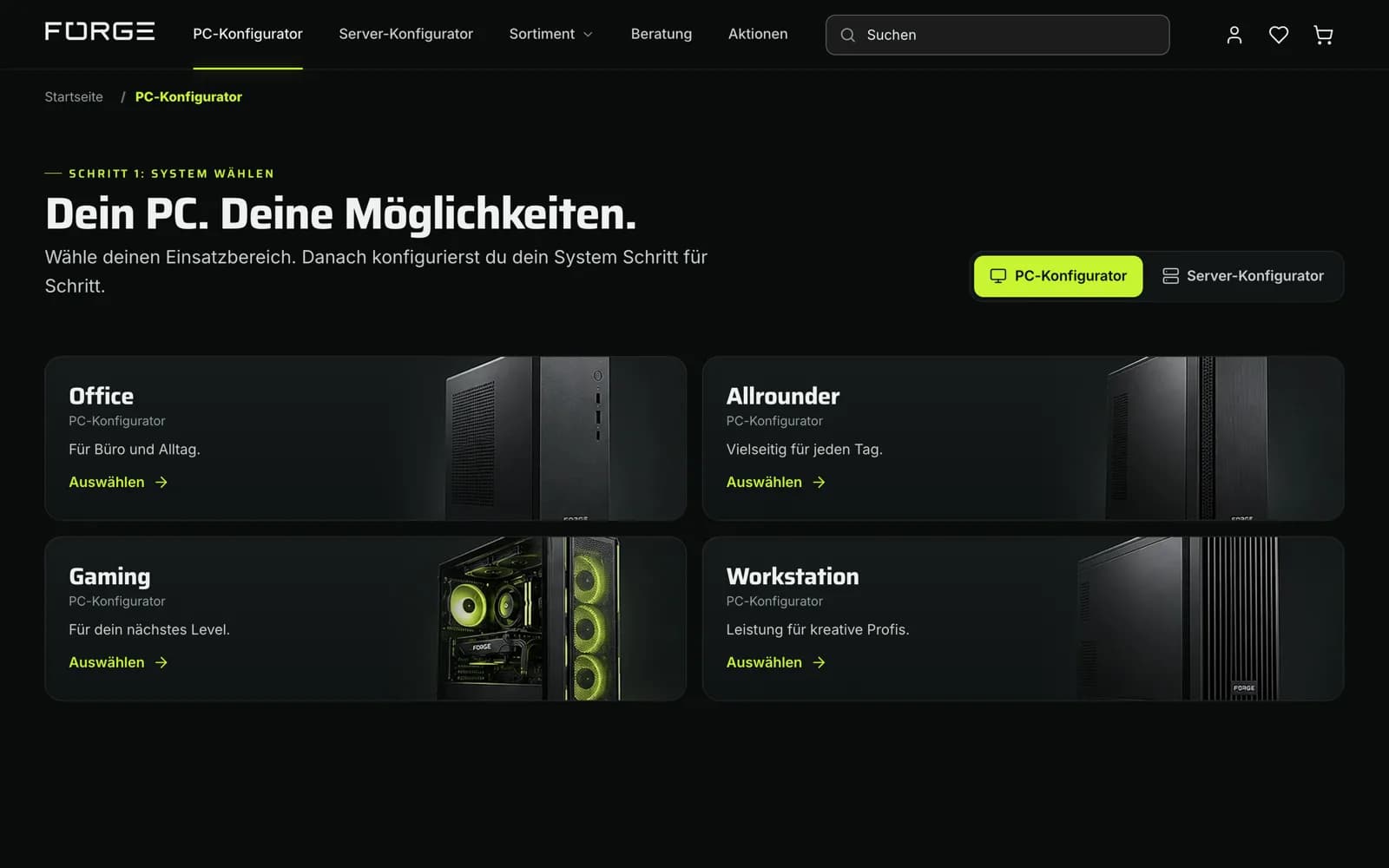 Produktkonfigurator Onlineshop: FORGE PC-Konfigurator mit Auswahl Office, Allrounder, Gaming und Workstation