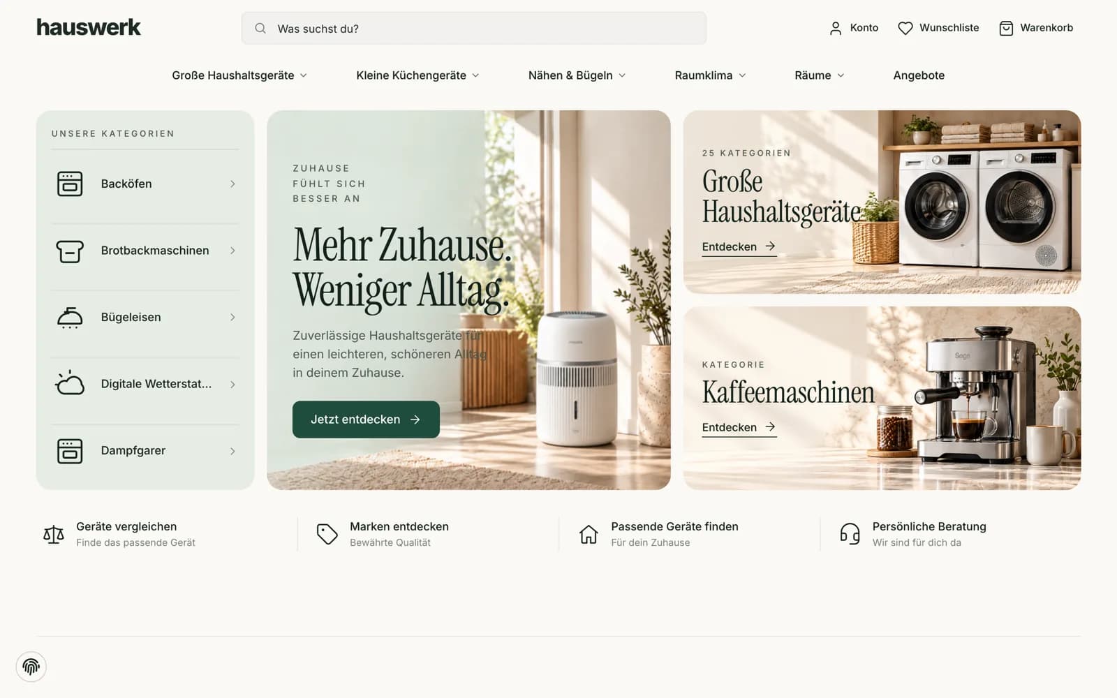 Hauswerk JTL-Shop Template: helle Startseite eines Onlineshops für Haushaltsgeräte, Elektrogeräte online verkaufen